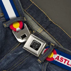 BD Wings Logo CLOSE-UP Black/Silver Seatbelt Belt - Colorado CASTLE ROCK Flag Blue/White/Red/Yellows Webbing