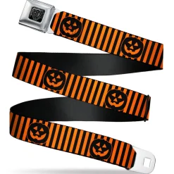 BD Wings Logo CLOSE-UP Black/Silver Seatbelt Belt - Jack-o'-Lantern Pumpkin Stripe Orange/Black Webbing
