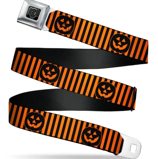 BD Wings Logo CLOSE-UP Black/Silver Seatbelt Belt - Jack-o'-Lantern Pumpkin Stripe Orange/Black Webbing
