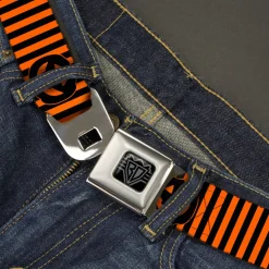 BD Wings Logo CLOSE-UP Black/Silver Seatbelt Belt - Jack-o'-Lantern Pumpkin Stripe Orange/Black Webbing