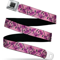 BD Wings Logo CLOSE-UP Black/Silver Seatbelt Belt - Floral Chain Pink Webbing