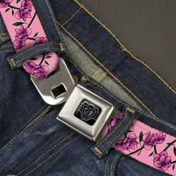BD Wings Logo CLOSE-UP Black/Silver Seatbelt Belt - Floral Chain Pink Webbing