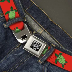BD Wings Logo CLOSE-UP Full Color Black Silver Seatbelt Belt - Sea Turtles Red/Green Webbing