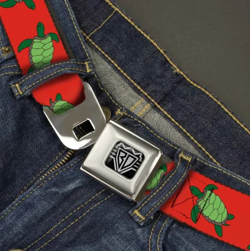 BD Wings Logo CLOSE-UP Full Color Black Silver Seatbelt Belt - Sea Turtles Red/Green Webbing