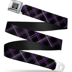 BD Wings Logo CLOSE-UP Full Color Black Silver Seatbelt Belt - Plaid Black/Purple/Gray Webbing
