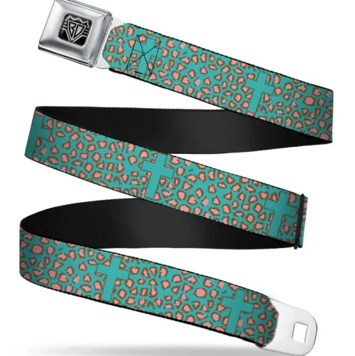 BD Wings Logo CLOSE-UP Full Color Black Silver Seatbelt Belt - Cross Repeat Leopard Turquoise/Pink Webbing