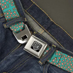 BD Wings Logo CLOSE-UP Full Color Black Silver Seatbelt Belt - Cross Repeat Leopard Turquoise/Pink Webbing