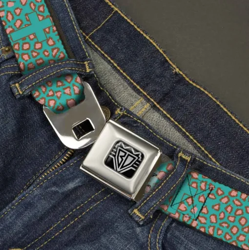 BD Wings Logo CLOSE-UP Full Color Black Silver Seatbelt Belt - Cross Repeat Leopard Turquoise/Pink Webbing