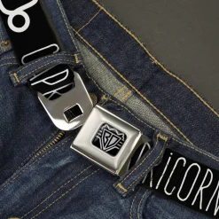 BD Wings Logo CLOSE-UP Full Color Black Silver Seatbelt Belt - Zodiac CAPRICORN/Symbol Black/White Webbing