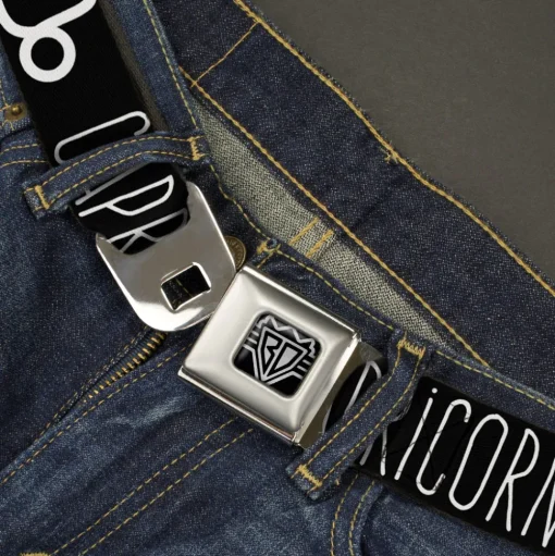 BD Wings Logo CLOSE-UP Full Color Black Silver Seatbelt Belt - Zodiac CAPRICORN/Symbol Black/White Webbing