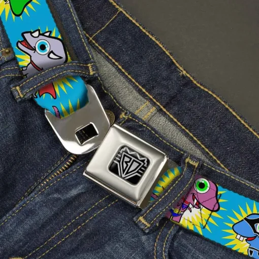 BD Wings Logo CLOSE-UP Full Color Black Silver Seatbelt Belt - Dinosaur Superhero Baby Blue Webbing