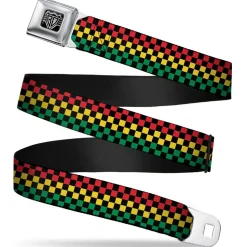 BD Wings Logo CLOSE-UP Full Color Black Silver Seatbelt Belt - Checker Black/Rasta Webbing