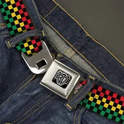 BD Wings Logo CLOSE-UP Full Color Black Silver Seatbelt Belt - Checker Black/Rasta Webbing