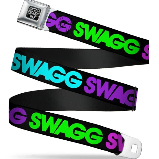 BD Wings Logo CLOSE-UP Full Color Black Silver Seatbelt Belt - SWAGG Black/Hot Pink/Turquoise/Purple/Neon Green Webbing
