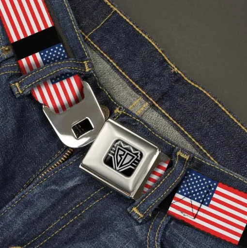 BD Wings Logo CLOSE-UP Full Color Black Silver Seatbelt Belt - United States Flags Webbing