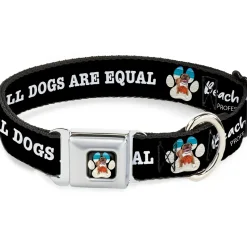 Beach Dawg Care Paw Logo Full Color Black Seatbelt Buckle Collar - BEACH DAWG CARE ALL DOGS ARE EQUAL Black/White