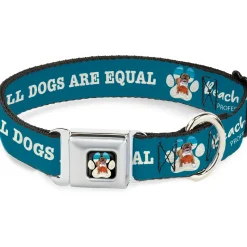 Beach Dawg Care Paw Logo Full Color Black Seatbelt Buckle Collar - BEACH DAWG CARE ALL DOGS ARE EQUAL Turquoise/White
