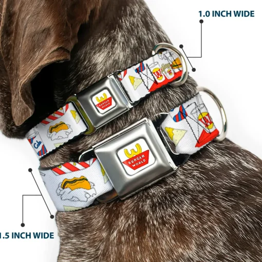 Beavis and Butt-Head BURGER WORLD Logo Full Color White Seatbelt Buckle Collar - BEAVIS AND BUTT-HEAD Burger World Icons Collage White