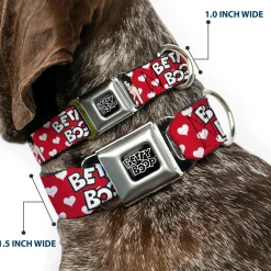 BETTY BOOP Text Heart Logo Full Color Black/White Seatbelt Buckle Collar - BETTY BOOP Seated Leg Kick Pose and Text Hearts Red/White/Black