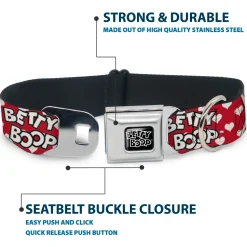 BETTY BOOP Text Heart Logo Full Color Black/White Seatbelt Buckle Collar - BETTY BOOP Seated Leg Kick Pose and Text Hearts Red/White/Black
