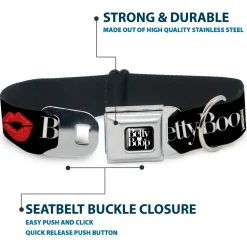 BETTY BOOP Text Heart Logo Full Color Black/White Seatbelt Buckle Collar - BETTY BOOP Text and Kiss Black/White/Red