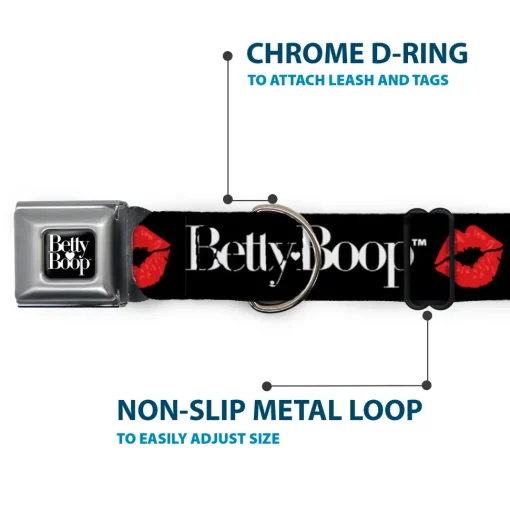 BETTY BOOP Text Heart Logo Full Color Black/White Seatbelt Buckle Collar - BETTY BOOP Text and Kiss Black/White/Red