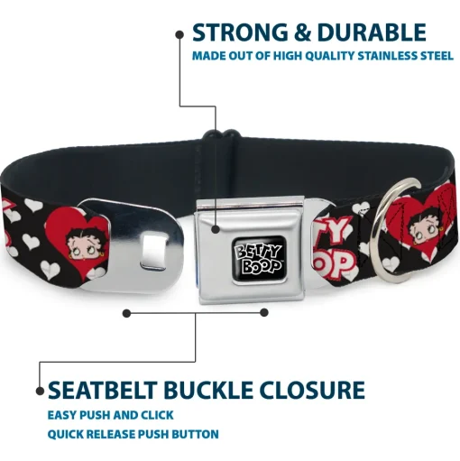BETTY BOOP Text Heart Logo Full Color Black/White Seatbelt Buckle Collar - BETTY BOOP Face and Text Hearts Black/White/Red