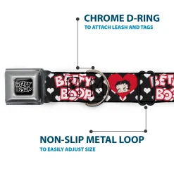 BETTY BOOP Text Heart Logo Full Color Black/White Seatbelt Buckle Collar - BETTY BOOP Face and Text Hearts Black/White/Red