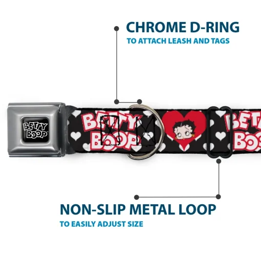 BETTY BOOP Text Heart Logo Full Color Black/White Seatbelt Buckle Collar - BETTY BOOP Face and Text Hearts Black/White/Red