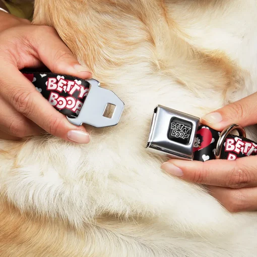 BETTY BOOP Text Heart Logo Full Color Black/White Seatbelt Buckle Collar - BETTY BOOP Face and Text Hearts Black/White/Red