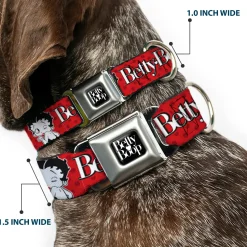 BETTY BOOP Text Heart Logo Full Color Black/White Seatbelt Buckle Collar - BETTY BOOP Winking Kiss Pose and Text Reds/Black/White