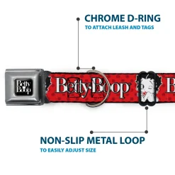 BETTY BOOP Text Heart Logo Full Color Black/White Seatbelt Buckle Collar - BETTY BOOP Winking Kiss Pose and Text Reds/Black/White