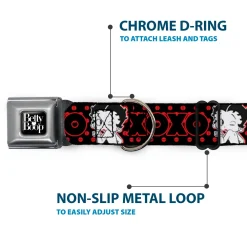 BETTY BOOP Text Heart Logo Full Color Black/White Seatbelt Buckle Collar - Betty Boop Winking Kiss Pose with XOXO Text Polka Dot Black/Red/White
