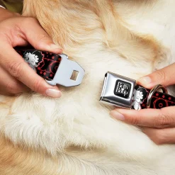 BETTY BOOP Text Heart Logo Full Color Black/White Seatbelt Buckle Collar - Betty Boop Winking Kiss Pose with XOXO Text Polka Dot Black/Red/White