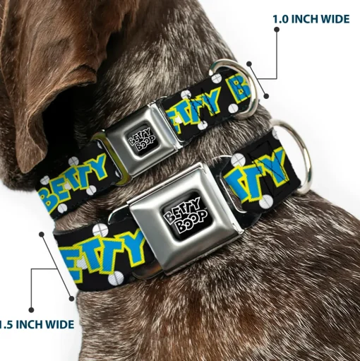 BETTY BOOP Text Heart Logo Full Color Black/White Seatbelt Buckle Collar - BETTY BOOP Biker Betty Winking and Text Polka Dot Black/White/Yellow/Blue