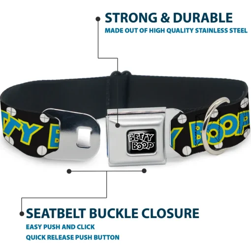BETTY BOOP Text Heart Logo Full Color Black/White Seatbelt Buckle Collar - BETTY BOOP Biker Betty Winking and Text Polka Dot Black/White/Yellow/Blue
