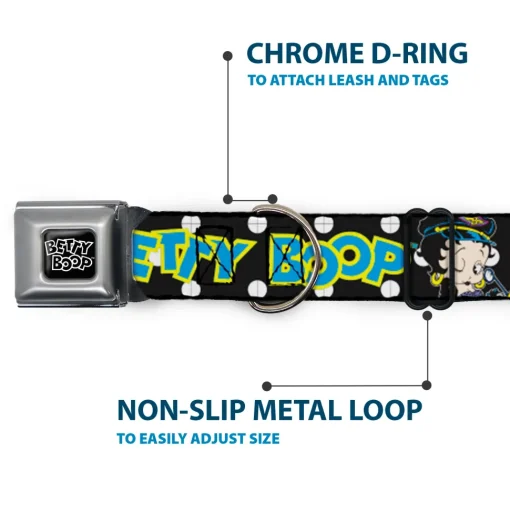 BETTY BOOP Text Heart Logo Full Color Black/White Seatbelt Buckle Collar - BETTY BOOP Biker Betty Winking and Text Polka Dot Black/White/Yellow/Blue