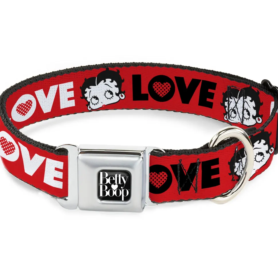 BETTY BOOP Text Heart Logo Full Color Black/White Seatbelt Buckle Collar - Betty Boop Face and LOVE Text Red/Black/White