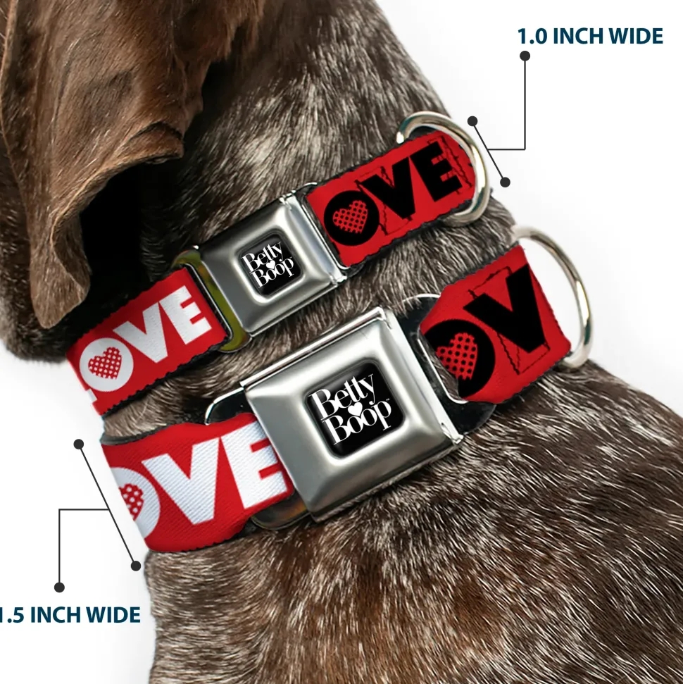 BETTY BOOP Text Heart Logo Full Color Black/White Seatbelt Buckle Collar - Betty Boop Face and LOVE Text Red/Black/White