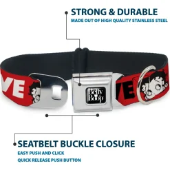 BETTY BOOP Text Heart Logo Full Color Black/White Seatbelt Buckle Collar - Betty Boop Face and LOVE Text Red/Black/White