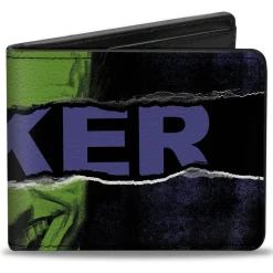 Bi-Fold Wallet - THE JOKER Smiling Pose and Text Over Eyes Black/Purples/Greens