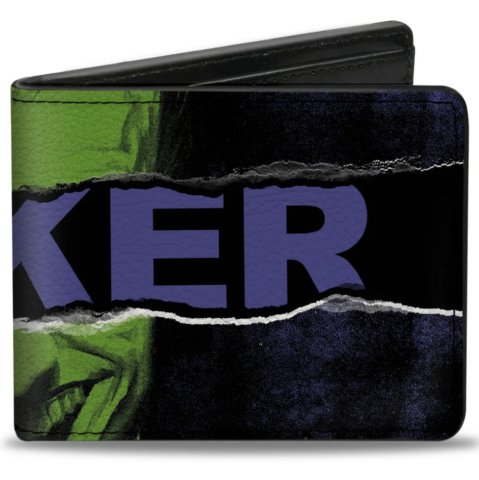 Bi-Fold Wallet - THE JOKER Smiling Pose and Text Over Eyes Black/Purples/Greens