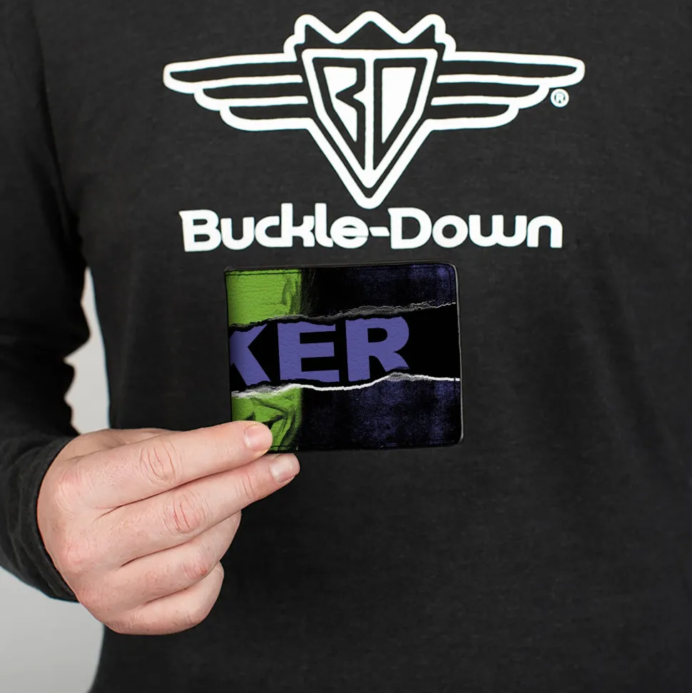 Bi-Fold Wallet - THE JOKER Smiling Pose and Text Over Eyes Black/Purples/Greens