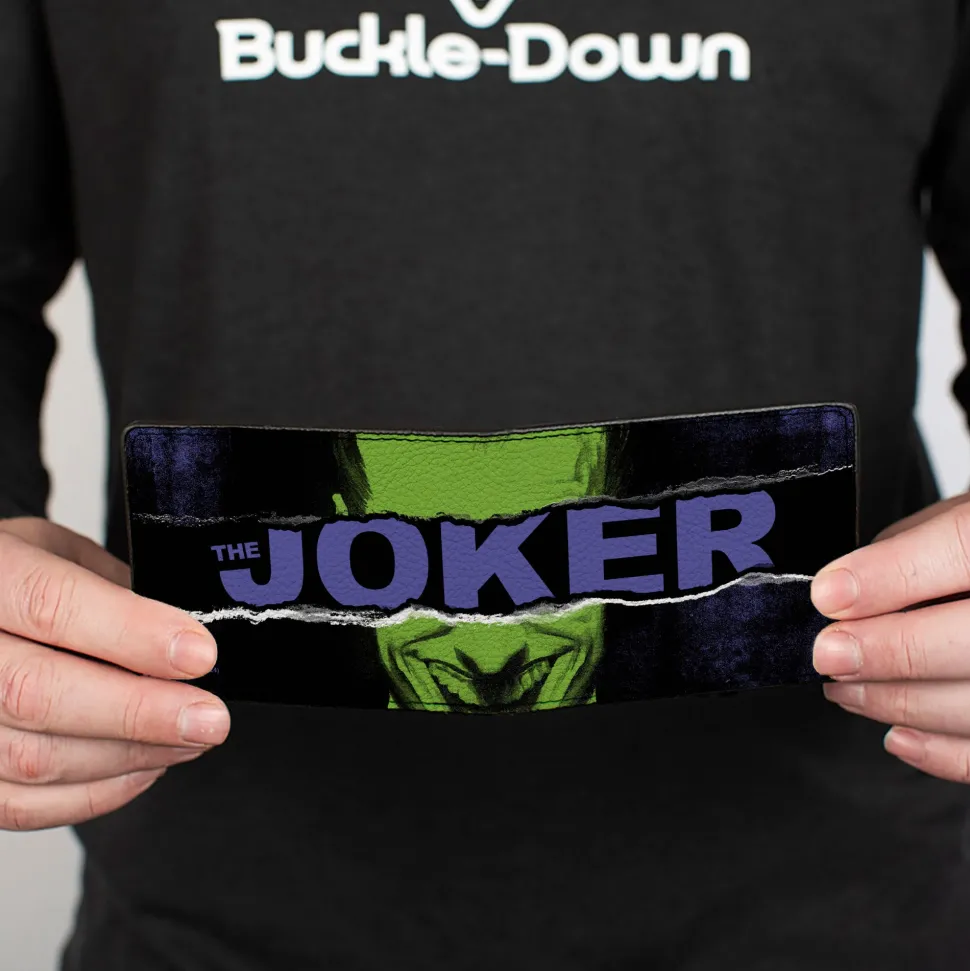 Bi-Fold Wallet - THE JOKER Smiling Pose and Text Over Eyes Black/Purples/Greens