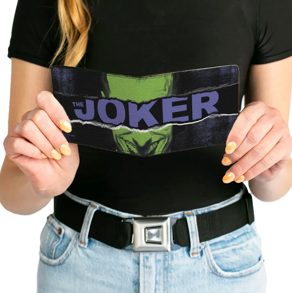 Bi-Fold Wallet - THE JOKER Smiling Pose and Text Over Eyes Black/Purples/Greens