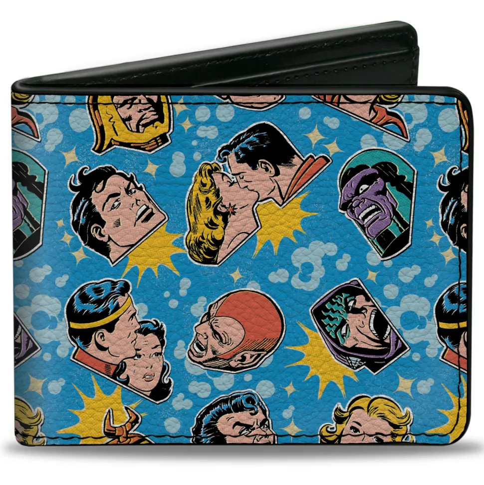 Bi-Fold Wallet - Vintage Superman Supergirl and Villains Faces Scattered Blues