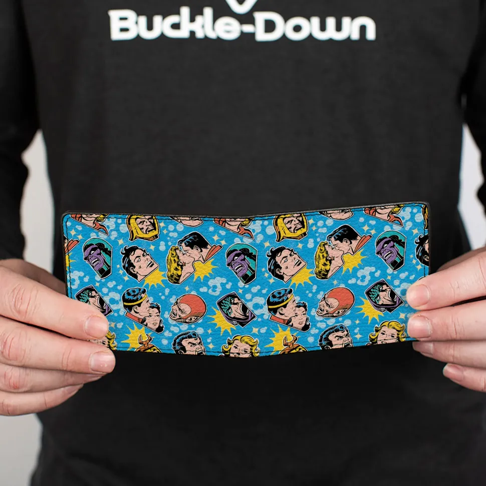 Bi-Fold Wallet - Vintage Superman Supergirl and Villains Faces Scattered Blues