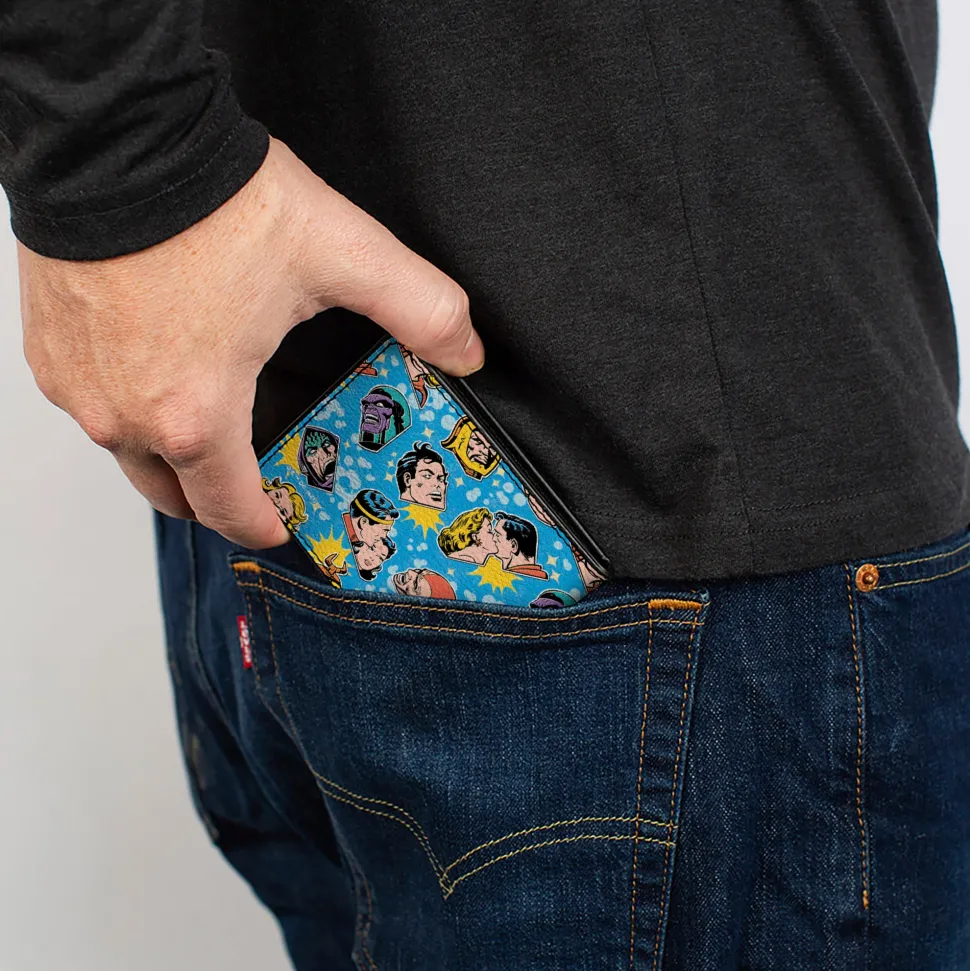 Bi-Fold Wallet - Vintage Superman Supergirl and Villains Faces Scattered Blues