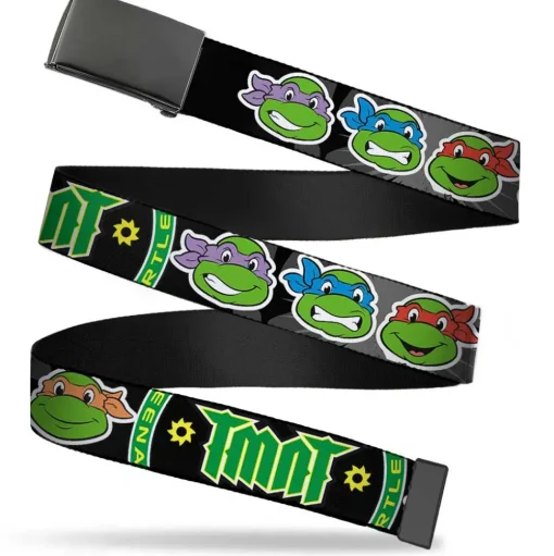 Black Buckle Web Belt - Classic Teenage Mutant Ninja Turtles Group Faces/TMNT/Ninja Star Black/Green Webbing