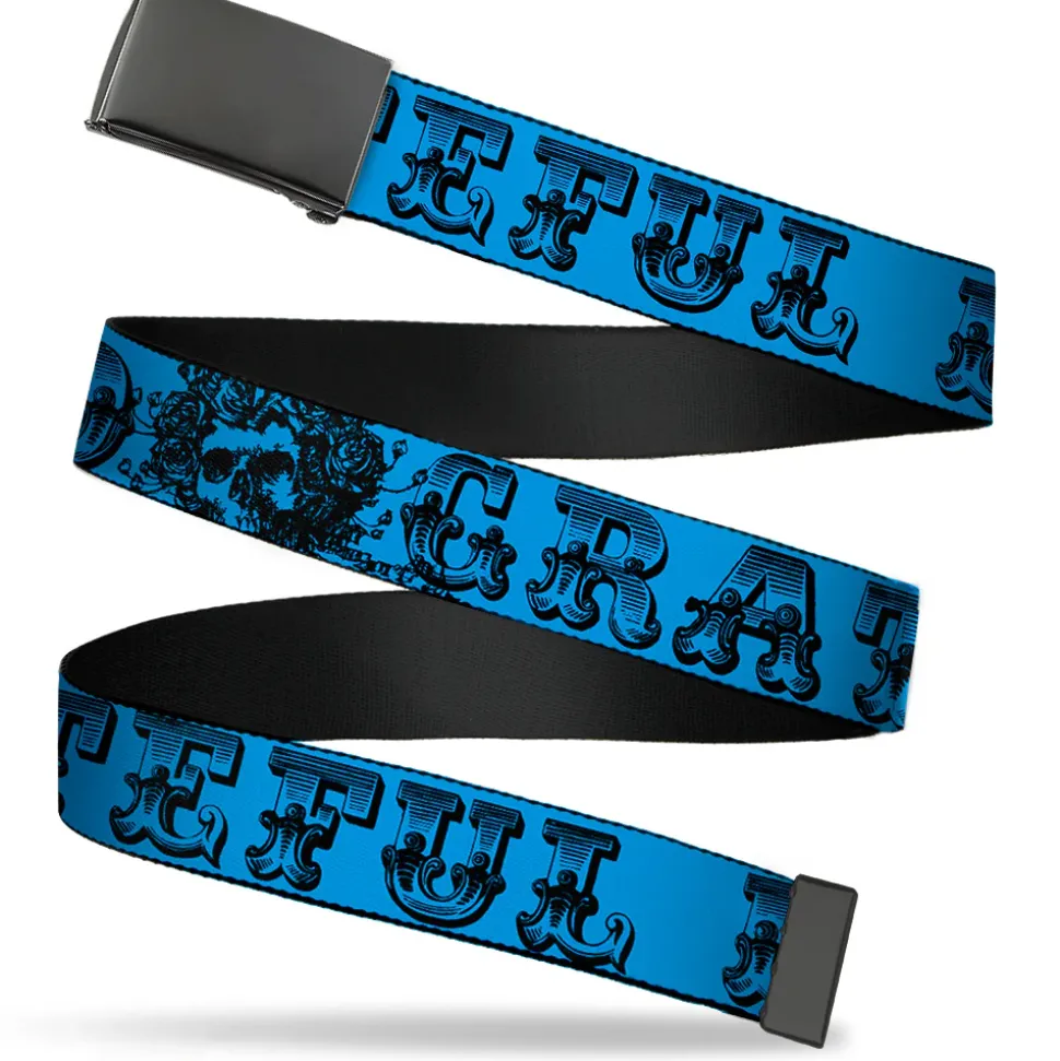 Black Buckle Web Belt - Grateful Dead Text w/Skull & Roses Turquoise Webbing